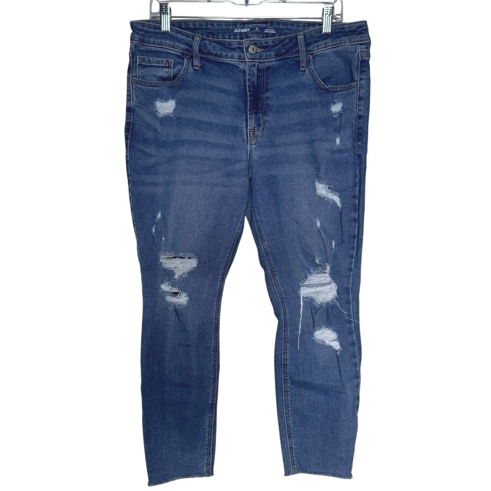 Old Navy Rockstar Super Skinny Jeans Womens 14 Short Distressed Blue Mid Rise